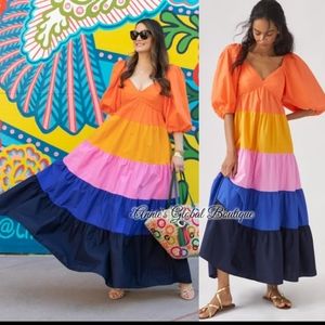 New Farm Rio maxi hobo deep v neck puffy sleeves bright color block dress